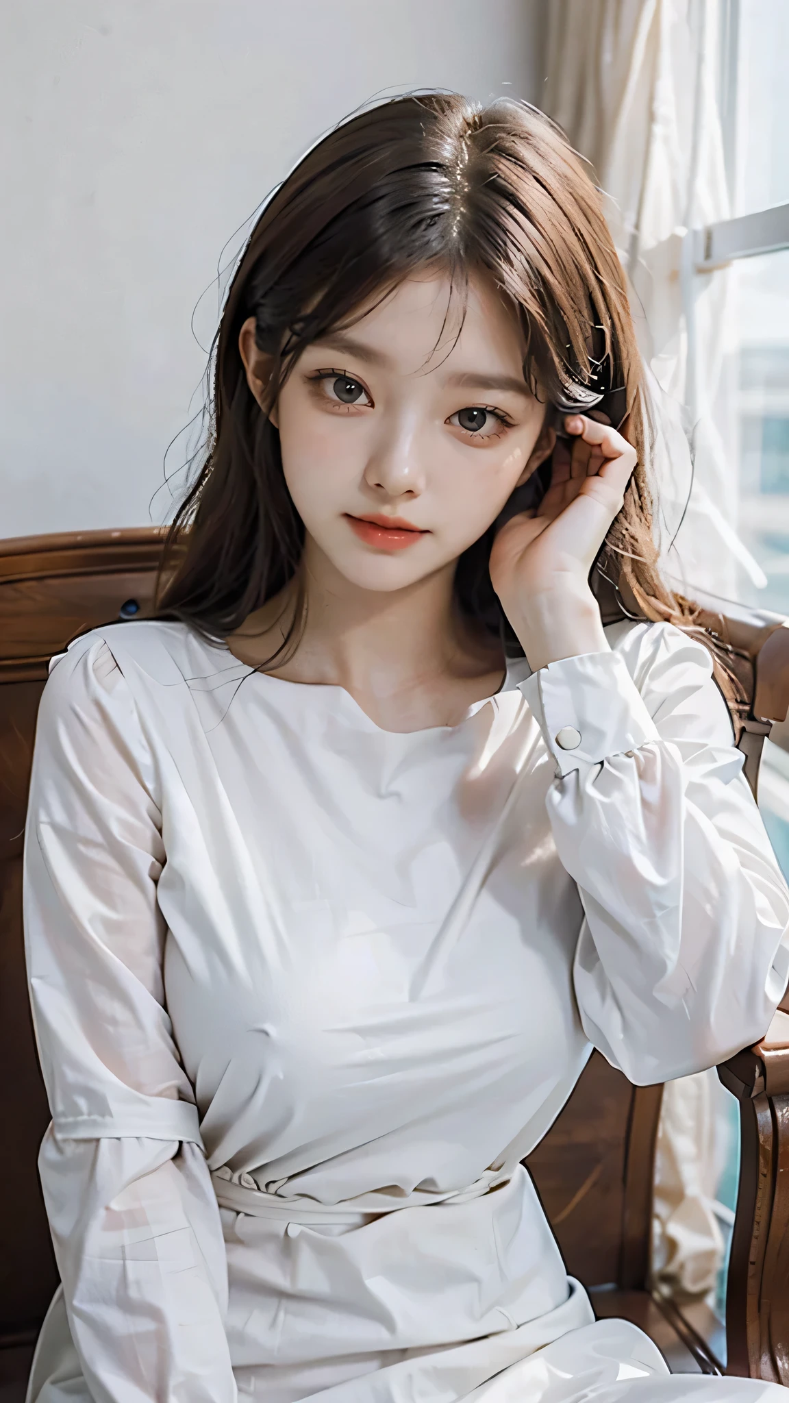 Close-up of a woman in a white blouse sitting on a chair, gorgeous young Korean woman, white clothes are very transparent, breasts and can be seen