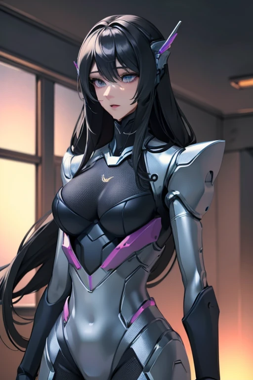 empty eyes,robotization,woman ,big bust,Robot Joint ,Metal skin,Black Suit,long hair,a suit that covers the whole body