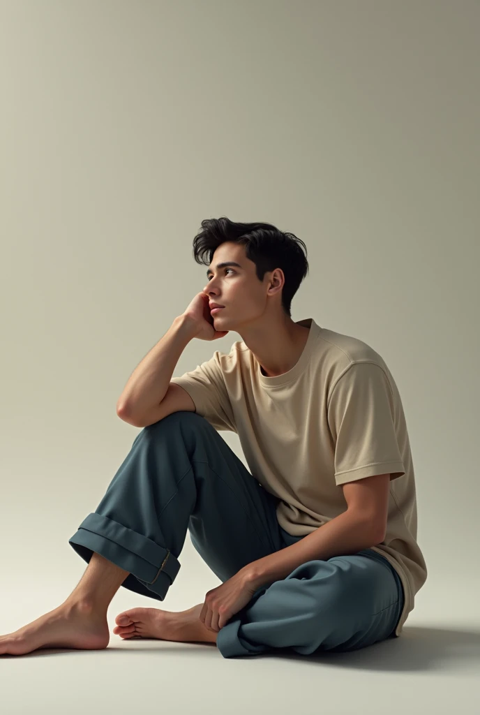 Adult person sitting with one arm raised and the other on his leg