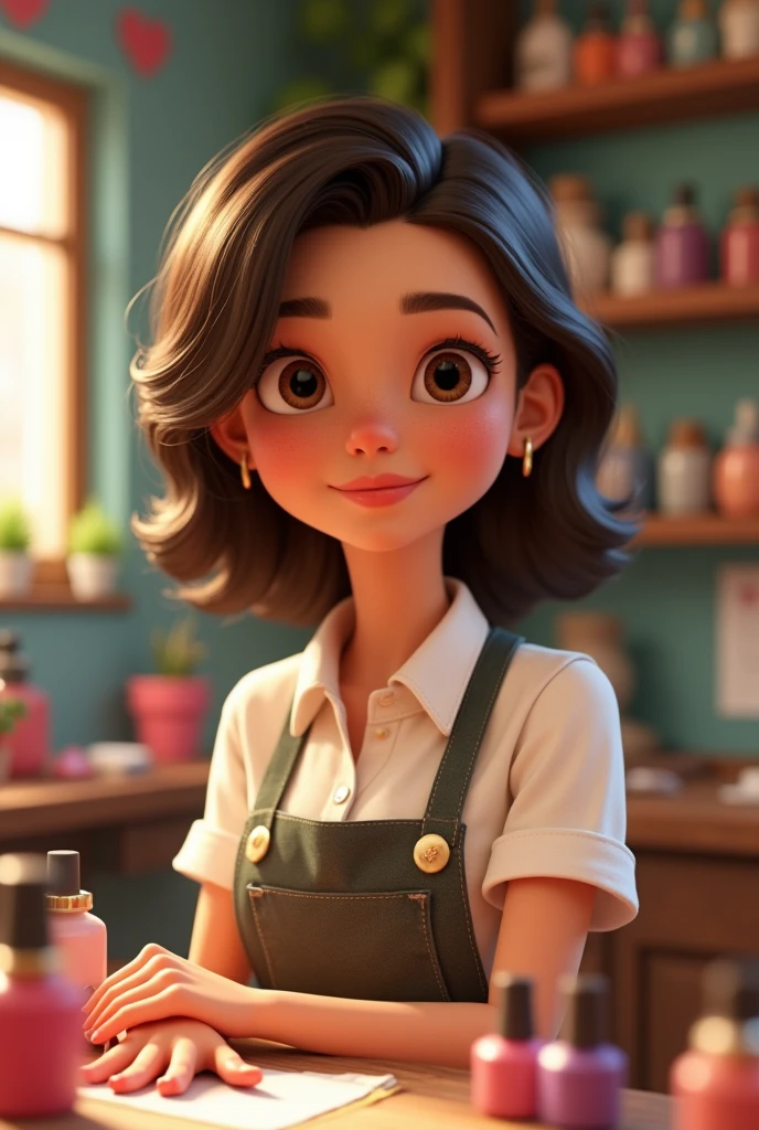 Pixar manicurist, with slightly long brown hair and a mole on her cheek with small eyes and a mole on her slightly dark face