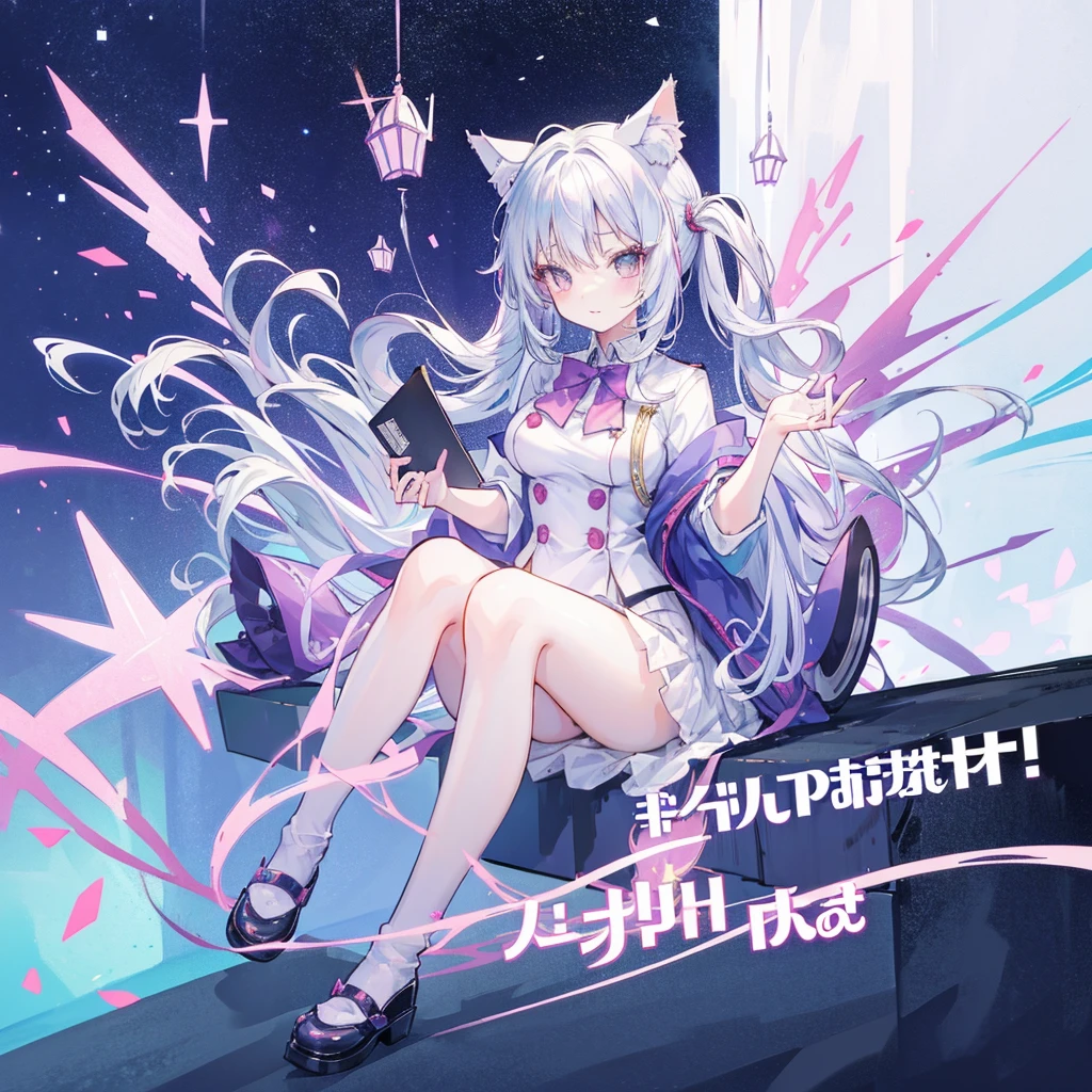 Colored hair and colored clothes in anime ((Cat ears 1girl)),  Uniforms pastel vivid, rossdraws cartoon vivid, Anime style 4k, Beautiful animation portrait, Art germs are colorful!!!、! Dream Art Bud, Beautiful animation, Cat ears 1girl, Anime style digital art, Anime Art Wallpaper 4K, Anime Art Wallpaper 4K, Digital Animation Art, Highly detailed art germ, Uniforms,  whole body, Sitting in her office, White hair, Front view, giggle,