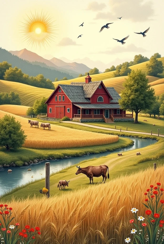 A farm as if it were a hand-drawn picture