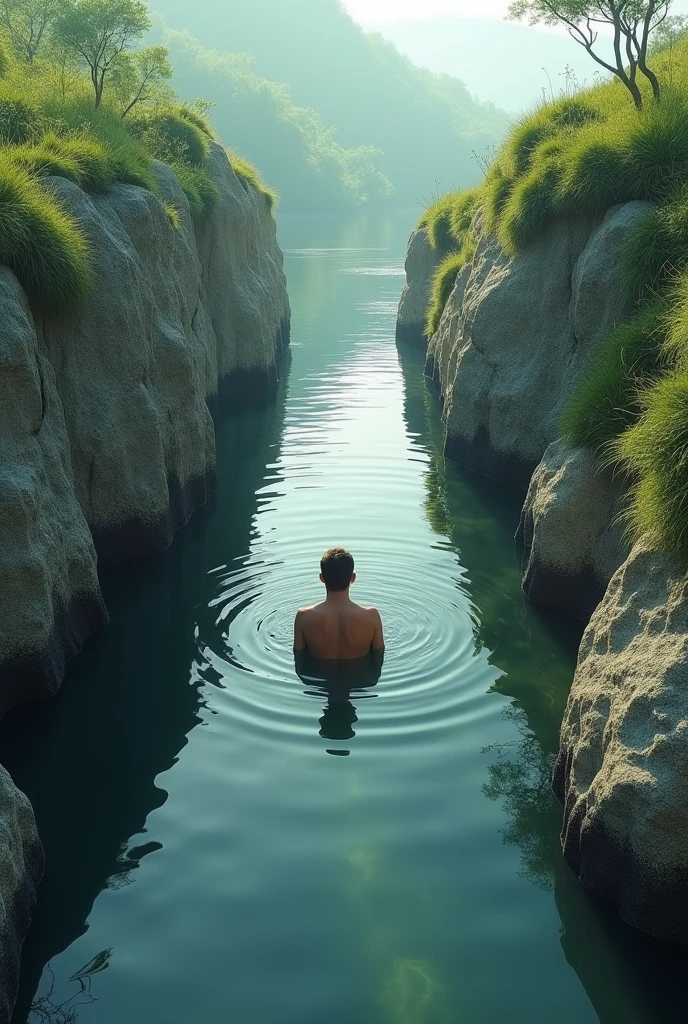 Both side samll rock in between water canal at the hill top. A man bathing.front side hilltop view like drone view