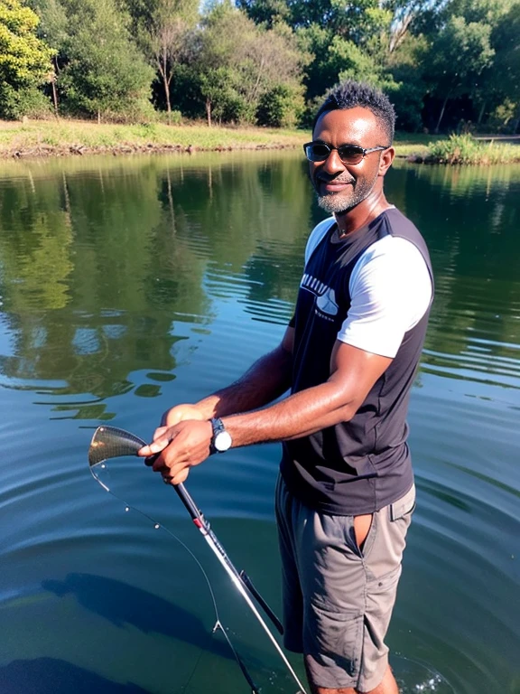 passionate 44 year old spiky black haired dark skinned fisherman, peaceful lakeside scene, fishing rod and bait, calm water reflections, focused and determined, deep connection with nature, feeling at one with the environment, the thrill of reeling in a big catch, satisfaction and joy