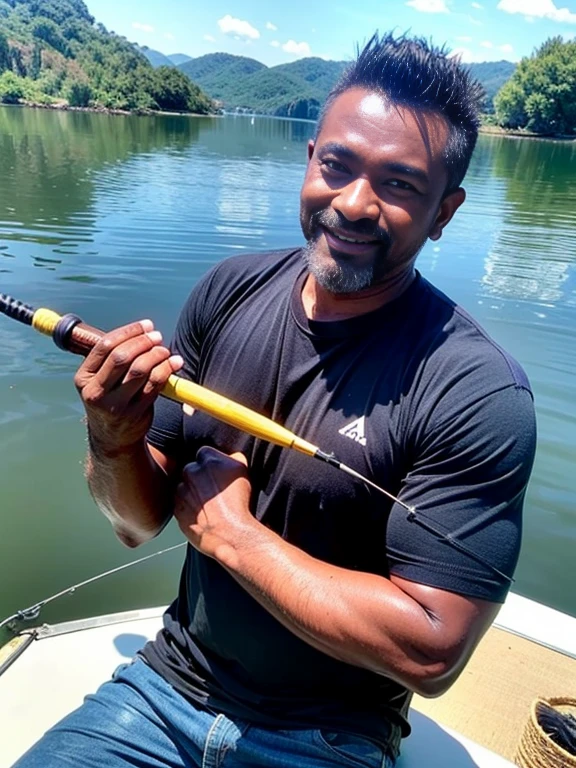 passionate 44 year old spiky black haired dark skinned fisherman, peaceful lakeside scene, fishing rod and bait, calm water reflections, focused and determined, deep connection with nature, feeling at one with the environment, the thrill of reeling in a big catch, satisfaction and joy