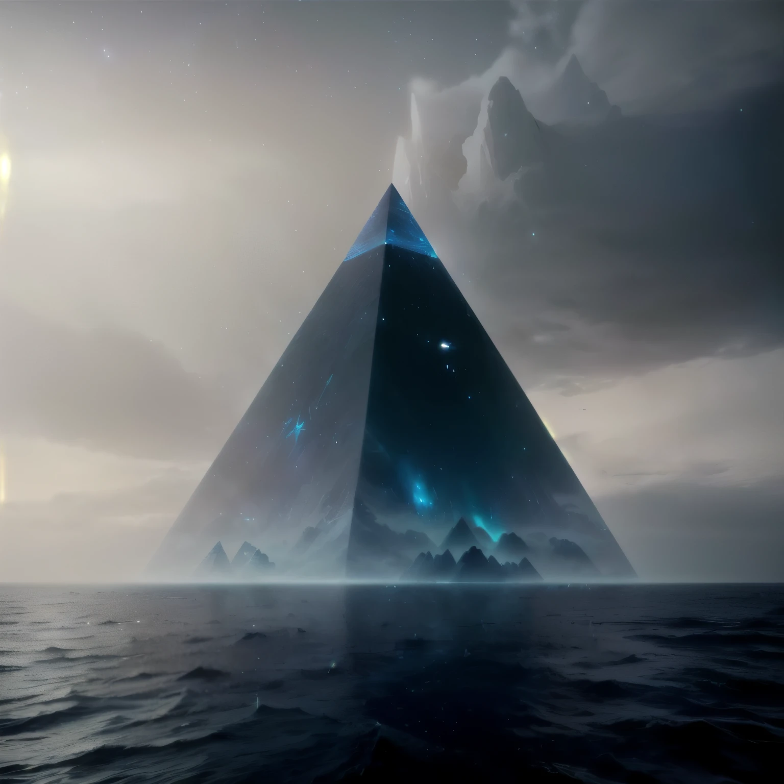 Alien civilization, underwater world, the theme is high civilization spiritual purification crystals, pyramid shape, sky stars, heavenly dreams, high-definition photography, realism, movie scenes, shocking majestic buildings, single-family buildings, surrounded by only clear ocean, minimalist composition Art, Photography by Hiroshi Sugimoto. Movie Contact style, future world, natural light, high definition, 8k, c4d, OC rendering, Leica lens quality, clear grain texture details, black crystal texture.