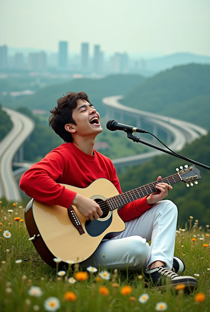 A 21 old  man singing a pop song playing guitar, seating on heights place looking under the city, green hill, highway , the small flowers around the boy, (boy upper were color is red and bottom were is white),( height details),(vivid) realistic image HDR