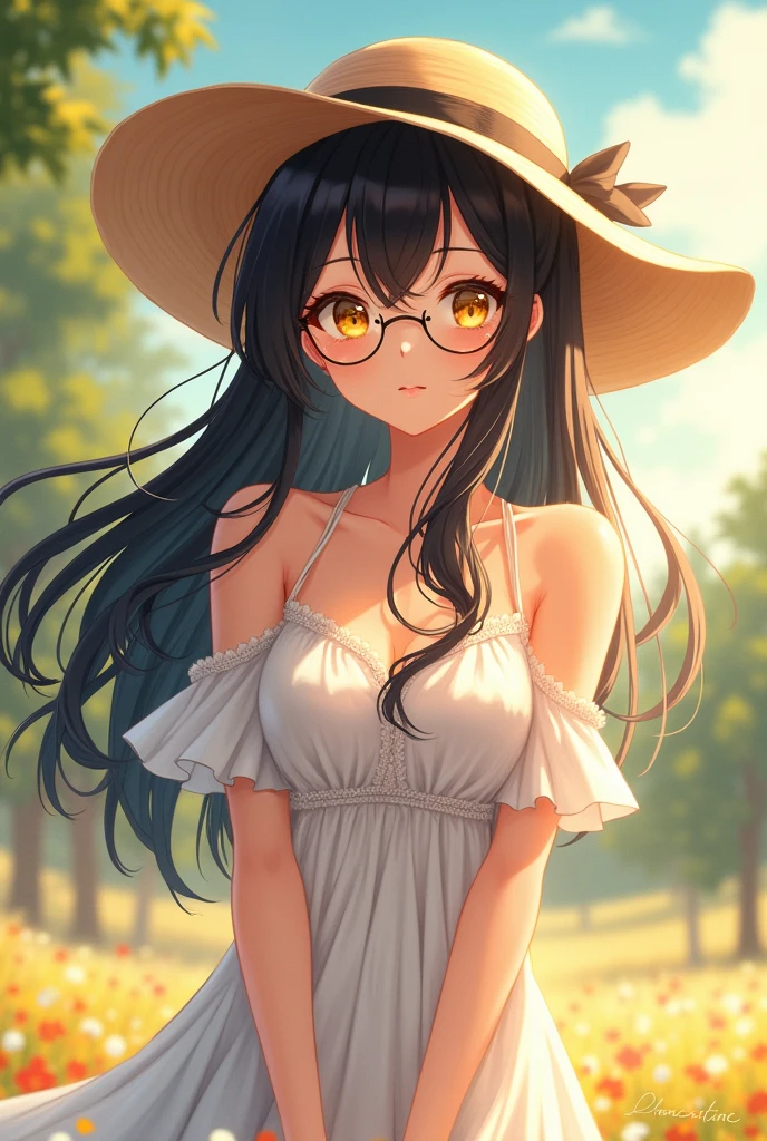 Anime woman, long black hair, white highlights, light tan skin, yellow eyes, white sundress, sun hat, glasses