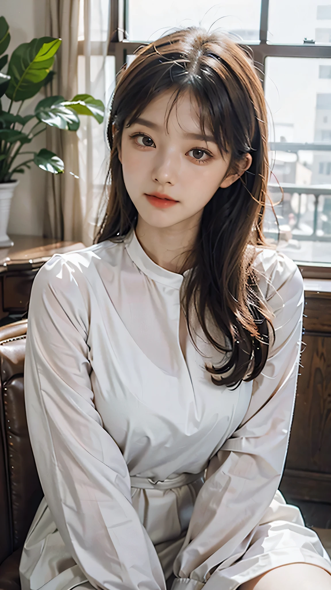 Close-up of a woman in a white blouse sitting on a chair, gorgeous young Korean woman, white clothes are very transparent, breasts and can be seen