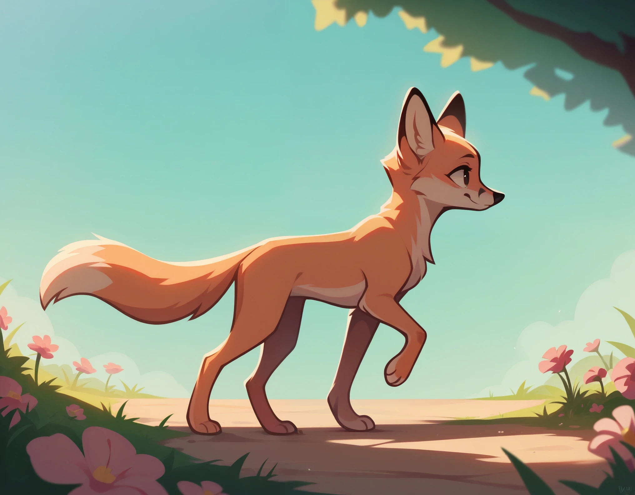 Cute fox walking with flowers in hand，vivd colour，lightand shade contrast，hyper-high detail，4K，flatillustration