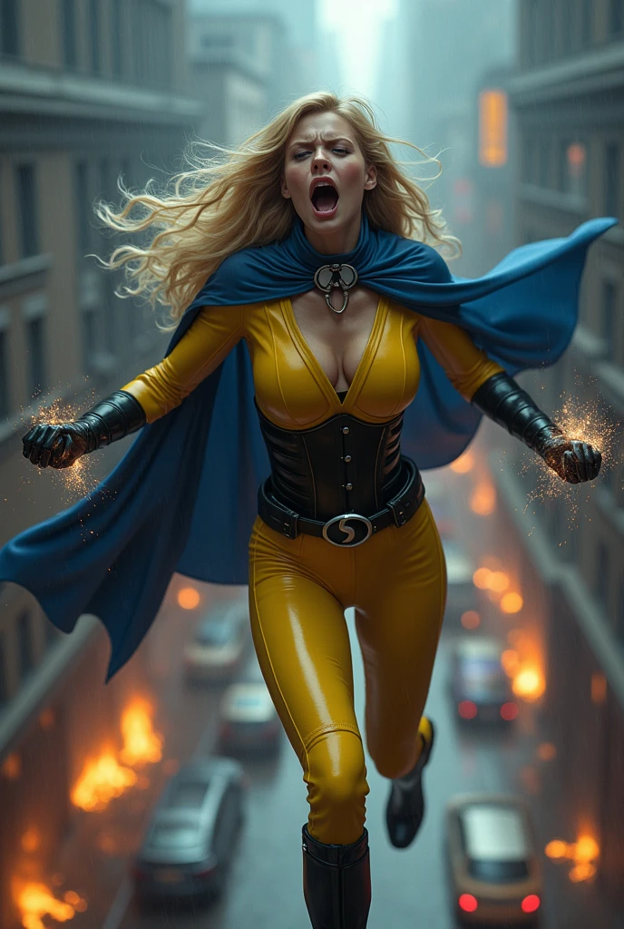 A beautiful woman with long blonde hair wearing a yellow leather jumpsuit yellow corset over her jumpsuit blue cape black boots and gloves long boots up to her knees on a wide black gym belt wearing a black S on her badge as an emblem in a dark apocalyptic rainy city cars and buildings on fire magic in her hands flying over the city screaming exhausted after an extensive battle magic in her hands blue cape (((a black S as the Logo or emblem of Marvel's Sentry the sentry on his belt)))