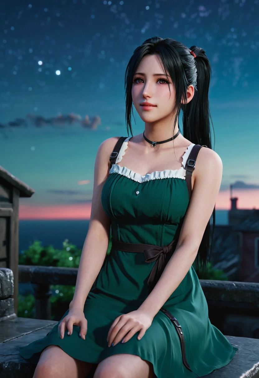 tifa lockhart, mksks style, (very detailed background:1.0), (highly detailed background:1.0), final fantasy vii remake, (red eyes), 1girl, bare shoulders, aqua dress, black hair, green dress, sleeveless dress , sundress, house, long hair, night, night sky, open mouth, outdoors, ponytail, sitting, sky, sleeveless, sleeveless dress, star (sky), starry sky, town, aged down, small breasts, ((white frills)), (white dress), 