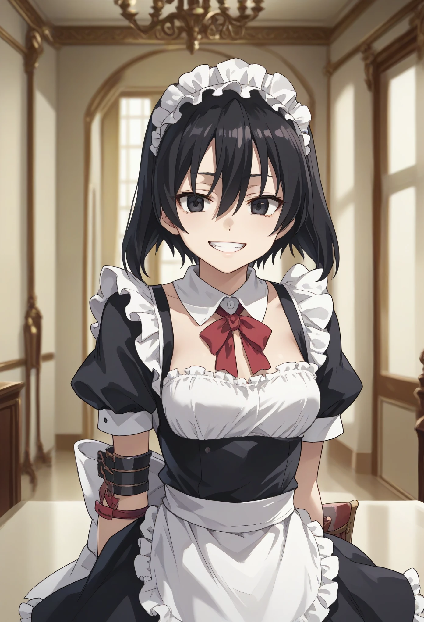 kurome, short hair, black hair, black eyes, hair between eyes, maid headdress,maid outfit, ribbon, evil smile, grin, light smile
