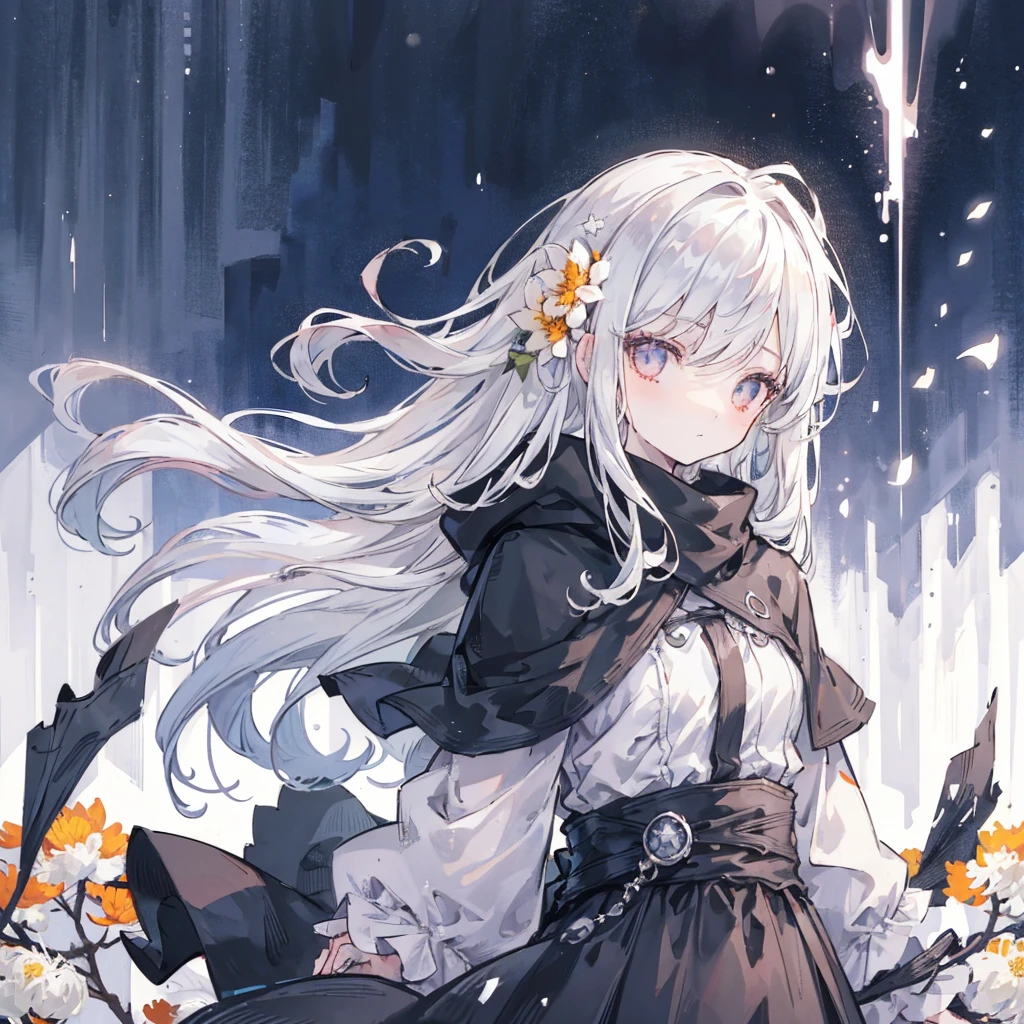 1 Girl,Solitary,1 Girl,Solitary,((Beautiful and delicate eyes)), (Detailed lighting),Depth of Field,(White hair),Silver Eyes,Hair covering one eye,(safflower ), Flowering,Long hair,Black cape,wet,callous,look back,night,Starfall,rain,FOG,safflowers falling,sketch,Upper Body,Strong shadows,