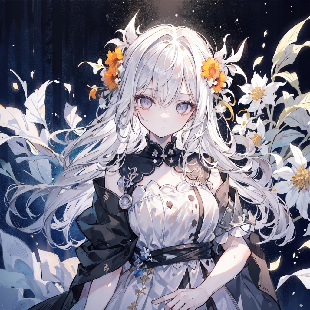 1 Girl,Solitary,1 Girl,Solitary,((Beautiful and delicate eyes)), (Detailed lighting),Depth of Field,(White hair),Silver Eyes,Hair covering one eye,(safflower ), Flowering,Long hair,Black cape,wet,callous,look back,night,Starfall,rain,FOG,safflowers falling,sketch,Upper Body,Strong shadows,