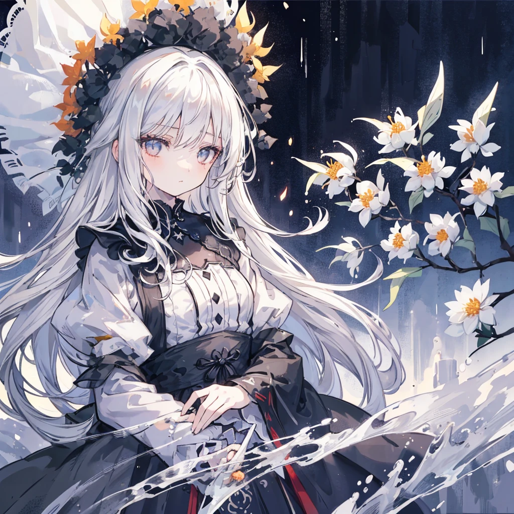 1 Girl,Solitary,1 Girl,Solitary,((Beautiful and delicate eyes)), (Detailed lighting),Depth of Field,(White hair),Silver Eyes,Hair covering one eye,(safflower ), Flowering,Long hair,Black cape,wet,callous,look back,night,Starfall,rain,FOG,safflowers falling,sketch,Upper Body,Strong shadows,