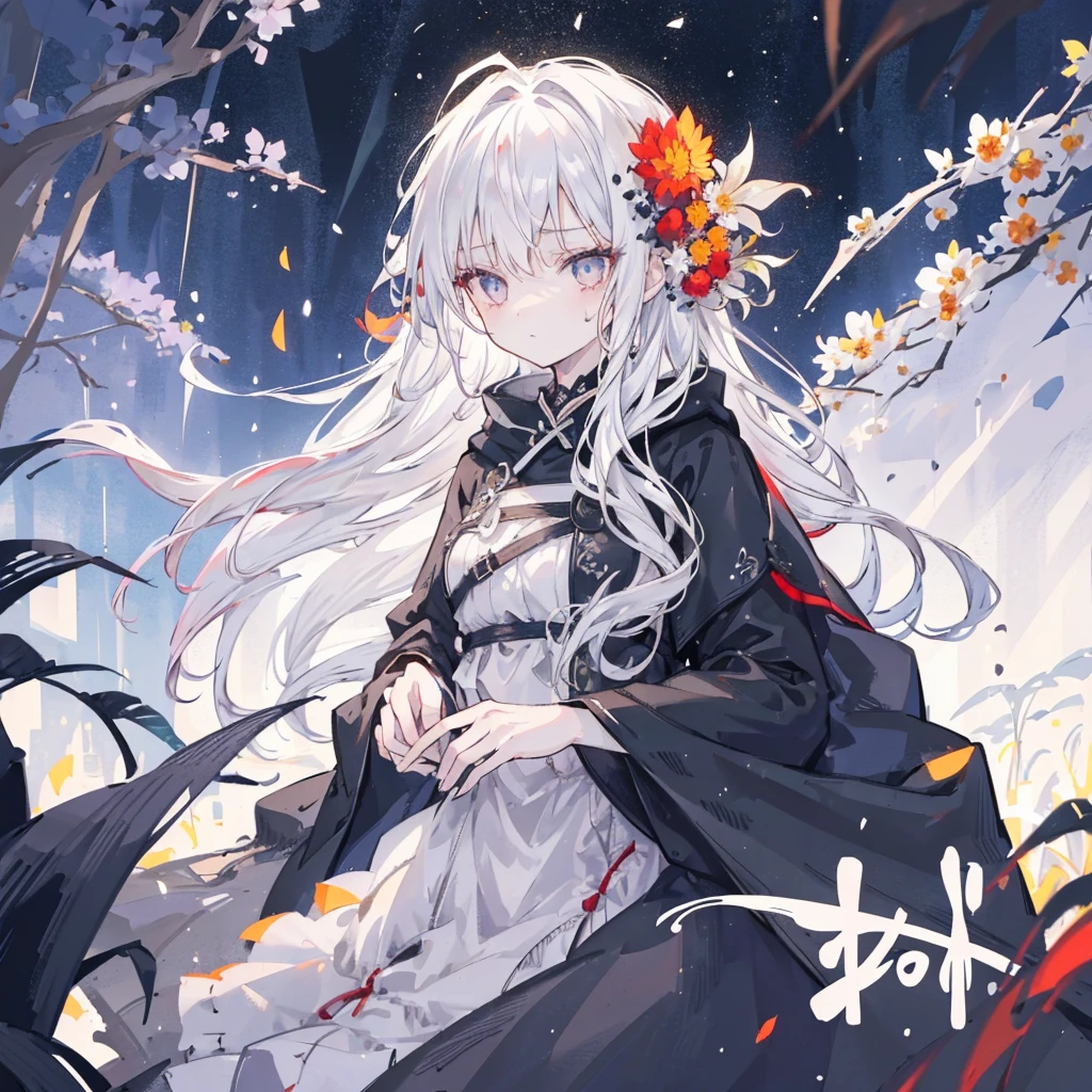 1 Girl,Solitary,1 Girl,Solitary,((Beautiful and delicate eyes)), (Detailed lighting),Depth of Field,(White hair),Silver Eyes,Hair covering one eye,(safflower ), Flowering,Long hair,Black cape,wet,callous,look back,night,Starfall,rain,FOG,safflowers falling,sketch,Upper Body,Strong shadows,