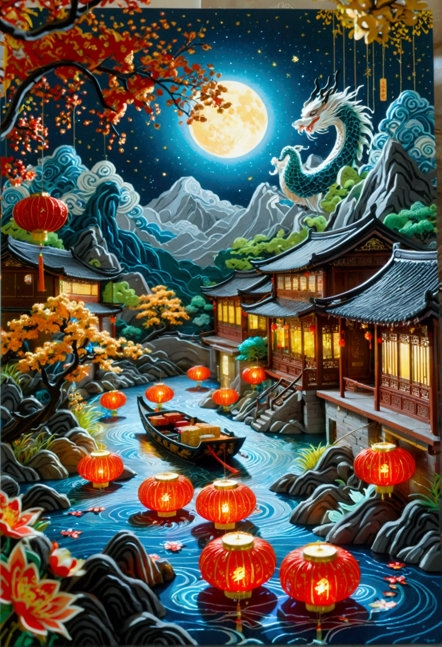 (3D Art,3D Style), 一个Full of tranquility的迷人夜景,Starry Sky,(Mid-Autumn Festival:1.5),Macro lens,desktop,Mini mooncakes,Miniature villains,osmanthus tree,A little person sawing a mooncake,Transporting mooncakes,Half mooncakes with flowing filling,The moon hangs in the sky,desktop散落桂花瓣,Colorful mountains and rivers,蜿蜒的river,Small boat,There is a path on the mountain,There is a small house,(Aesthetics and aesthetics:1.2),Solid color background,miniature photography,Chinese ancient architectural landscape,Chinese landscape painting,Creamy organic fluid,theme,(C4D,OC Rendering),Natural light,river,Fall,Small pavilion on the mountain,The silver moon shone softly on them,The sky spreads out like velvet dipped in ink,Dotted with countless twinkling stars,These stars look like celestial gems scattered across the vast canvas of the universe.,The air around them is fresh,Full of tranquility,Filled with the quiet intimacy of their shared time,Their surroundings are bathed in the soft glow of the stars and the moon.,Providing just enough light to illuminate their faces and the intricate details around them,Create a dreamy、Almost surreal atmosphere,((((8k,Bright colors,Bright,Ultra high saturation,RGB color, Colorful)))),(High contrast:1.5),(whole body:1.8), magazine photography,Popular on social platforms,((Dopamineism)),(((Dopamine color matching))),Dopamine,(in the style of Y2K),Luo Erchun,Three-dimensional ancient style,Oriental poetry and painting