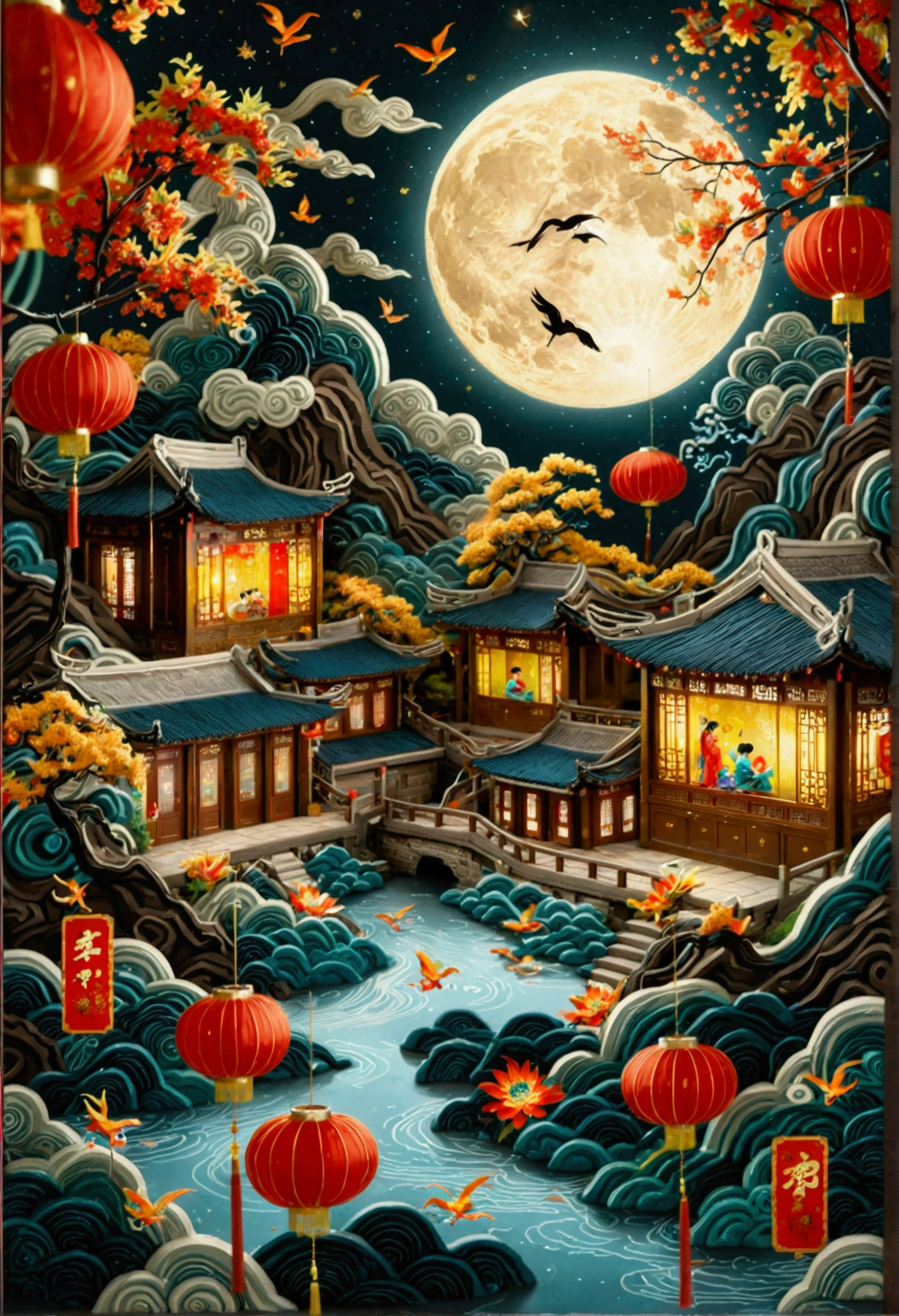 (3D Art,3D Style), 一个Full of tranquility的迷人夜景,Starry Sky,(Mid-Autumn Festival:1.5),Macro lens,desktop,Mini mooncakes,Miniature villains,osmanthus tree,A little person sawing a mooncake,Transporting mooncakes,Half mooncakes with flowing filling,The moon hangs in the sky,desktop散落桂花瓣,Colorful mountains and rivers,蜿蜒的river,Small boat,There is a path on the mountain,There is a small house,(Aesthetics and aesthetics:1.2),Solid color background,miniature photography,Chinese ancient architectural landscape,Chinese landscape painting,Creamy organic fluid,theme,(C4D,OC Rendering),Natural light,river,Fall,Small pavilion on the mountain,The silver moon shone softly on them,The sky spreads out like velvet dipped in ink,Dotted with countless twinkling stars,These stars look like celestial gems scattered across the vast canvas of the universe.,The air around them is fresh,Full of tranquility,Filled with the quiet intimacy of their shared time,Their surroundings are bathed in the soft glow of the stars and the moon.,Providing just enough light to illuminate their faces and the intricate details around them,Create a dreamy、Almost surreal atmosphere,((((8k,Bright colors,Bright,Ultra high saturation,RGB color, Colorful)))),(High contrast:1.5),(whole body:1.8), magazine photography,Popular on social platforms,((Dopamineism)),(((Dopamine color matching))),Dopamine,(in the style of Y2K),Luo Erchun,Three-dimensional ancient style,Oriental poetry and painting