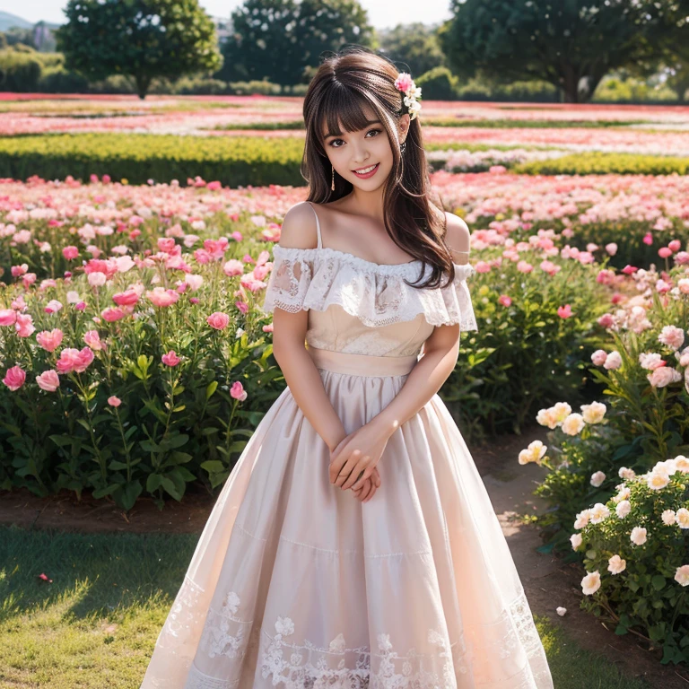 long skirt,in the flower field，Wear a dress，rotate，1 female, On the face, laughing out loud, light brown hair, blunt bangs, hair behind ears, Shoulder-length hair, long hair, Slender body type, 超face slimming型, face slimming, delicate lips, beautiful eyes, Thin blush, Eyes are light brown,View here, (actual:1.3), One person's perspective, 8k, Super detailed, high quality, best quality, High resolution, ，Large Breasts，wear a H cup, 2,Off-shoulder tops，Lace top，puffy skirt