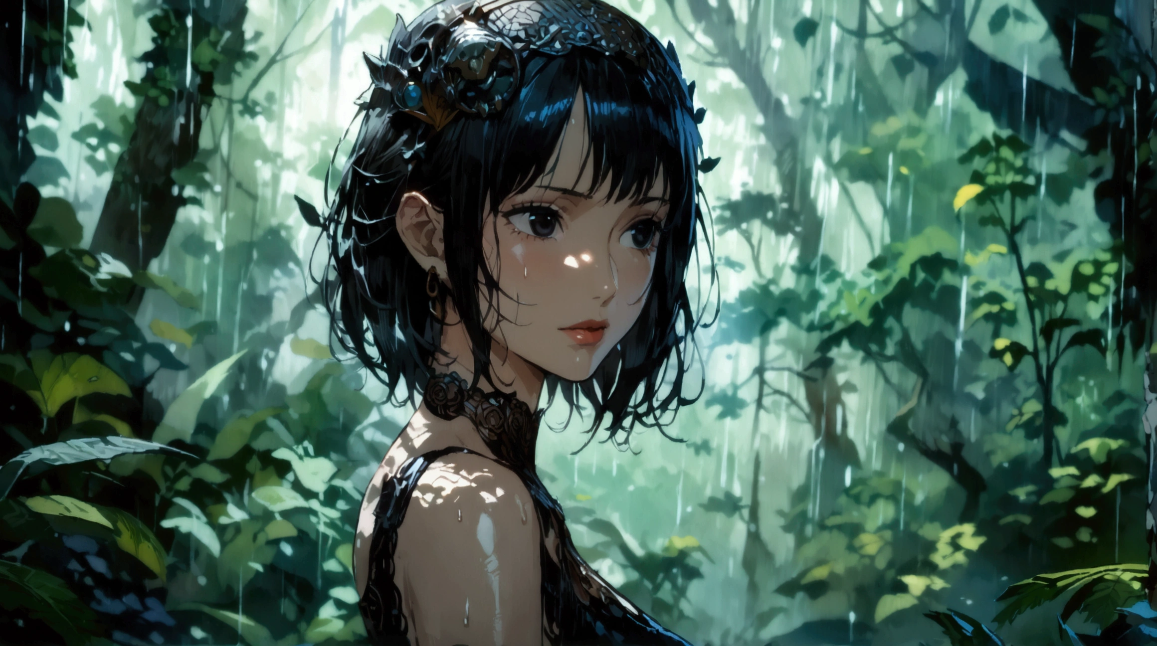 Woman, black hair with white tips, black eyes, calm expression, simple black dress, rainy forest background, ((Intricate anime character design inspired by One Piece)), ((Stunning lighting)), ((Fine lines)), ((Stunning focus)), ((Centered character)), ((Stunning face)), ((Detailed focus)), ((Detailed background)), ((Ultra-fine 2D design)), ((Creative scenery)), ((2D masterpiece)), ((Best quality)), ((8K anime style)), ((Full body))