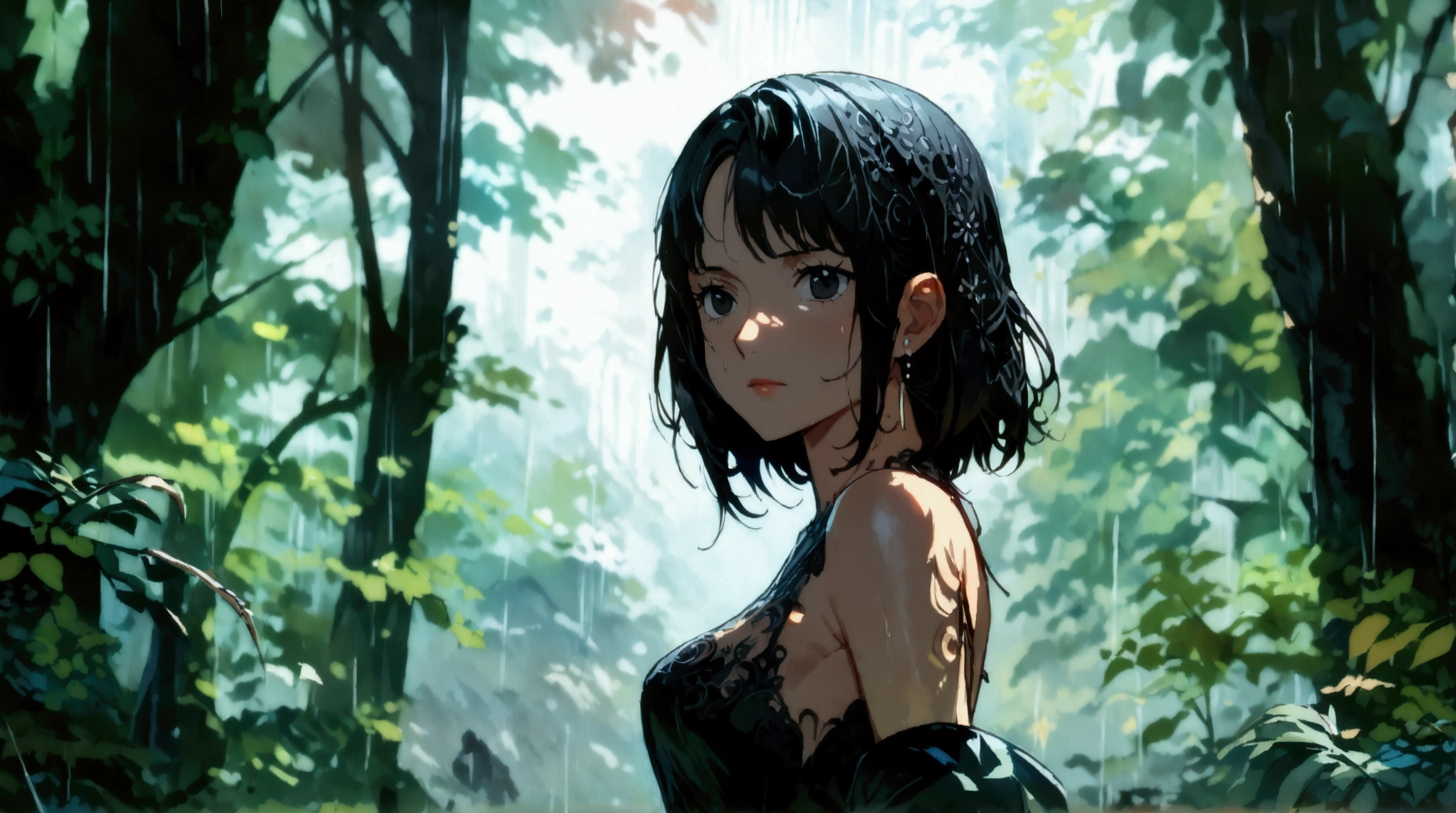 Woman, black hair with white tips, black eyes, calm expression, simple black dress, rainy forest background, ((Intricate anime character design inspired by One Piece)), ((Stunning lighting)), ((Fine lines)), ((Stunning focus)), ((Centered character)), ((Stunning face)), ((Detailed focus)), ((Detailed background)), ((Ultra-fine 2D design)), ((Creative scenery)), ((2D masterpiece)), ((Best quality)), ((8K anime style)), ((Full body))