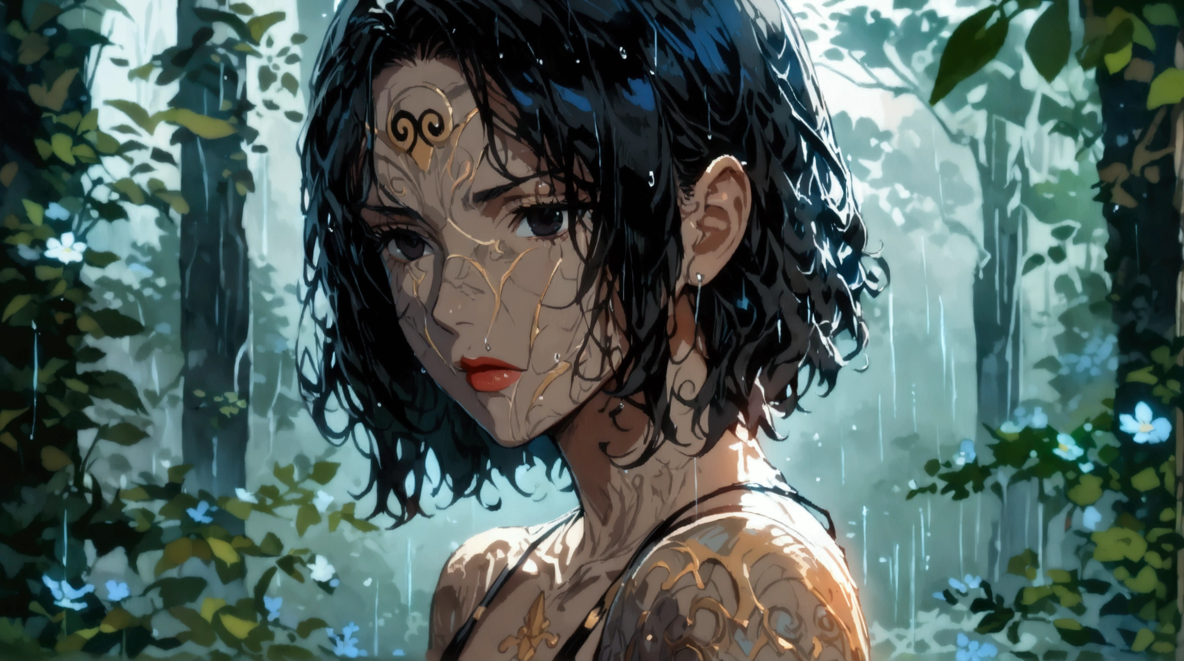 Woman, black hair with white tips, black eyes, calm expression, simple black dress, rainy forest background, ((Intricate anime character design inspired by One Piece)), ((Stunning lighting)), ((Fine lines)), ((Stunning focus)), ((Centered character)), ((Stunning face)), ((Detailed focus)), ((Detailed background)), ((Ultra-fine 2D design)), ((Creative scenery)), ((2D masterpiece)), ((Best quality)), ((8K anime style)), ((Full body))