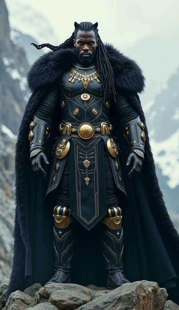 viking black panther, with an armor full of golden gadgets, with long hair and a ponytail, with a coat of fur