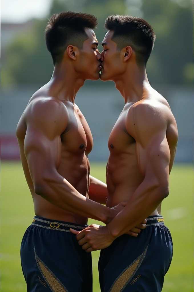 Asian young rugby player A and Asian rugby player B。A has a buzz cut and dark skin、muscular。Wearing sleeveless rugby uniforms。B has short hair and is a muscular jock。A and B kissed after a rugby match.、Touching each other's crotches first person view,
