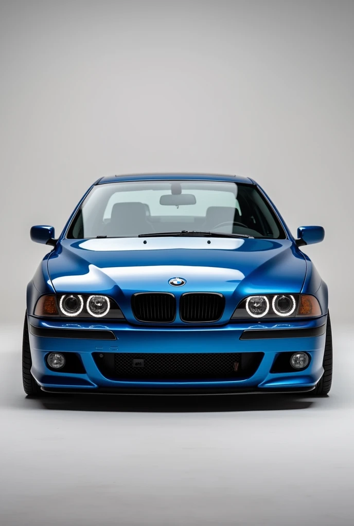 Estoril blue bmw E39 with angel eye light, alpina bodykit, black grill, facing to camera