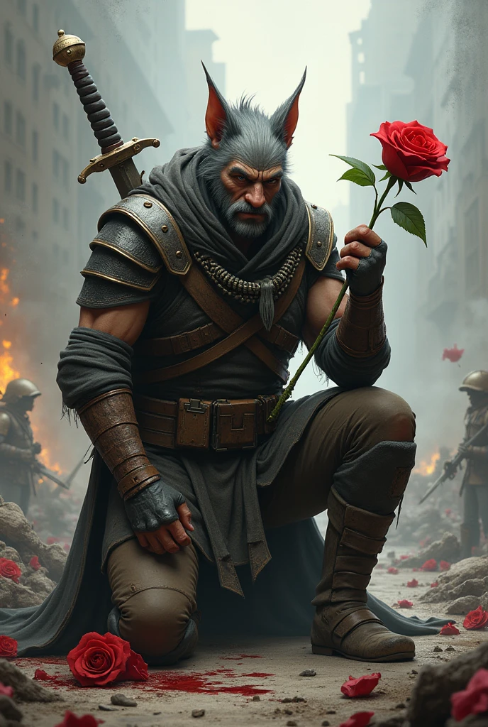 The character in tom and jerry tom on his one knee down position and rose in his bleeding
hand wearing cool outfit back ground looks like a battle feild tom should be mature and sword in his other hand hiding behind his back and picture should be 1:1