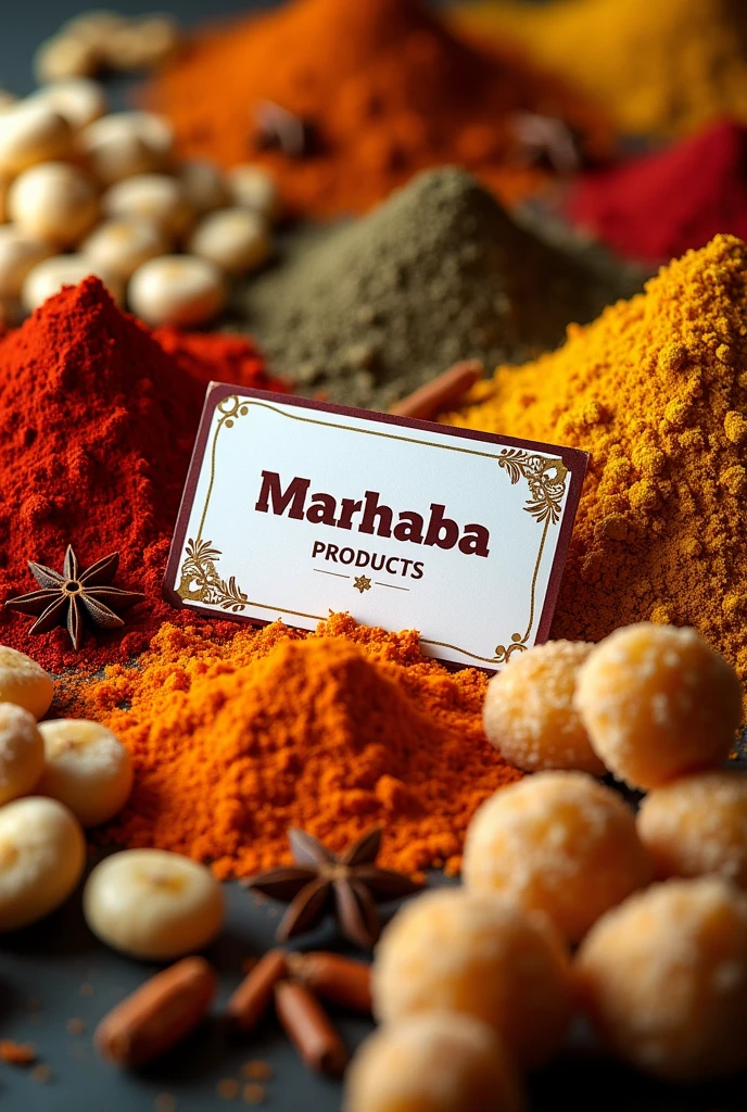 Chilli powder , Turmeric powder,  star anise , pepper , fennel and indian traditional sweets laddu , sugared peanuts , cookies in the middle a big name tag says marhaba products 