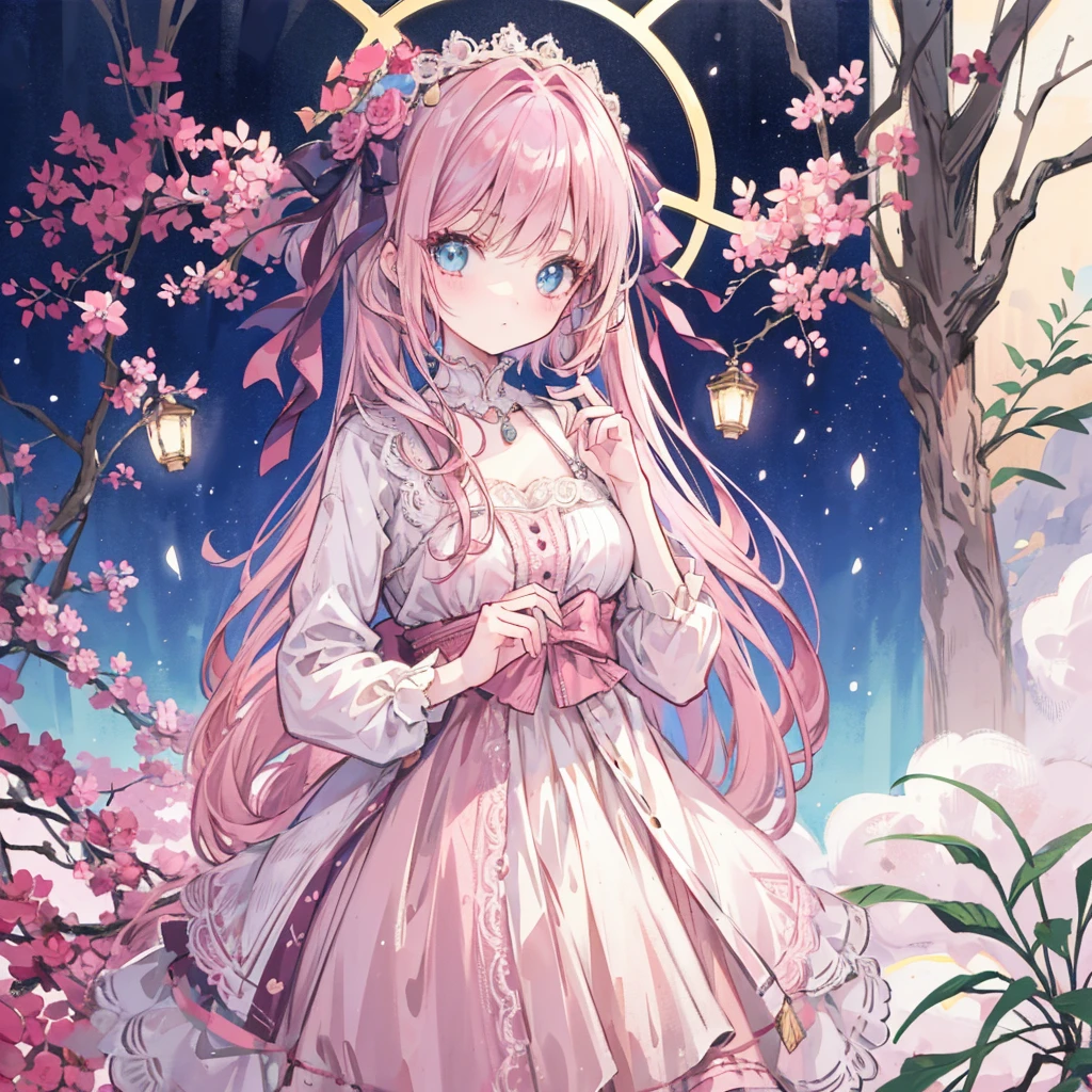 (Antique style, Girl: 1.2, Pink Hair: 1.1, blue eyes: 1.1, big eyes)