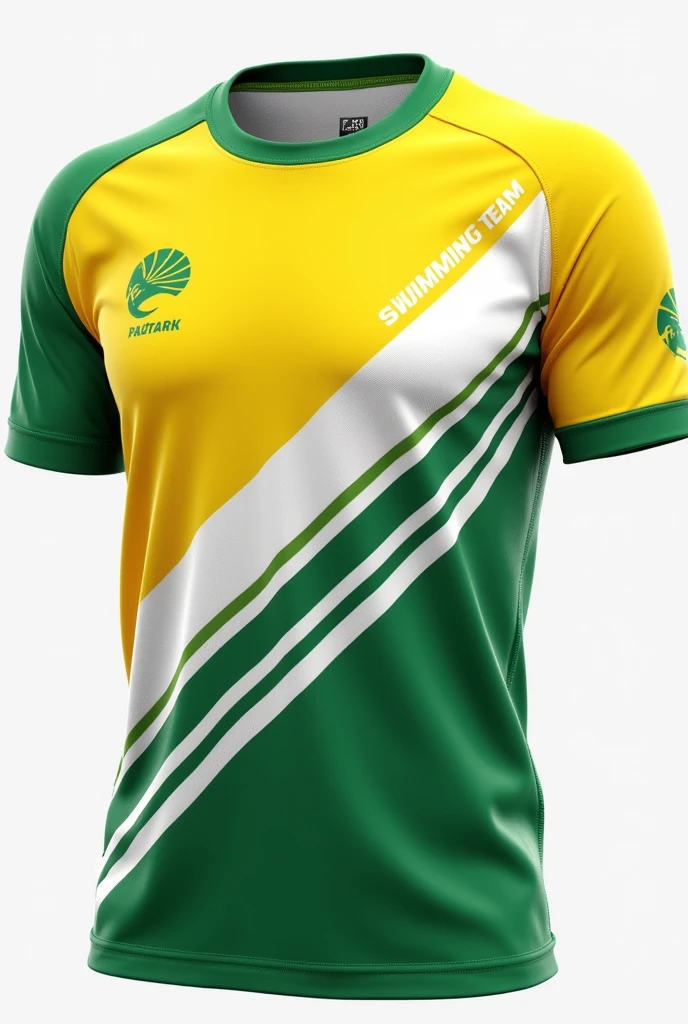 Shirt with a design for a swimming team with a round neck and with the colors yellow, White and green
