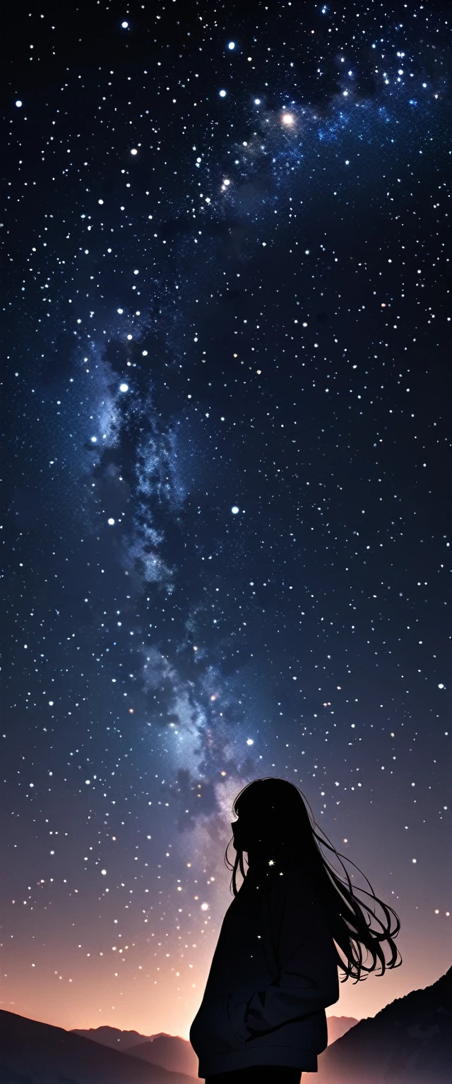 Beautiful winter night sky,Many stars twinkle, Long exposure of starry sky,Full of circular star tracks, A young woman with long hair,Put your hands in your pockets,Silhouette looking up at the starry sky, Photos taken from a distance, Photo below