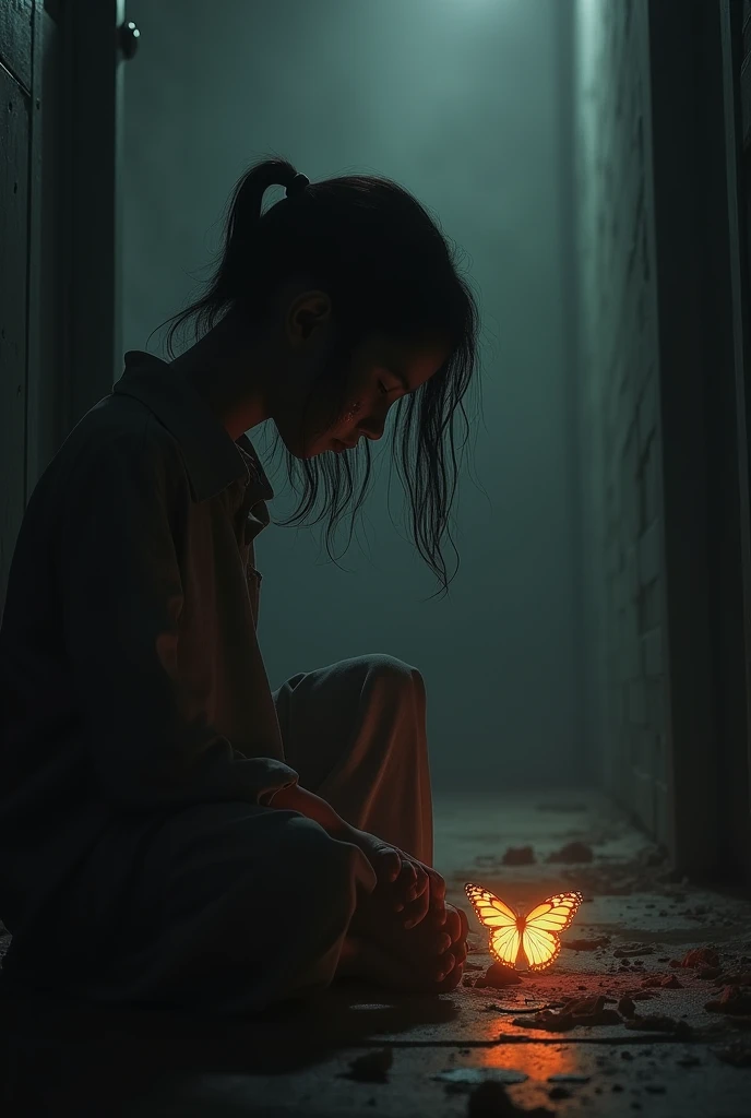 Abused   girl kneeling  in the dark and a glowing fiery butterfly in the distance