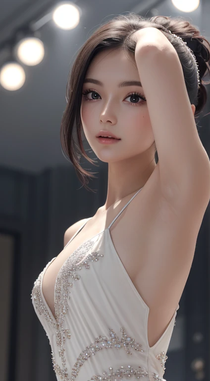 Adorable woman, Apparently mechanical arms and legs, A shimmering, sheer white gown, Backlit eyes) Performing ballet with wide-ranging movements, Spotlight, Center Stage Masterpiece、Highest quality、High resolution、Tabletop、wallpaper、Realistic、Bright lighting、Professional Lighting、Face Light、Smooth lighting、Japanese women、Adult、Beautiful woman、action、gravure、sexy、so beautiful、Beautiful Skin、Beautiful and detailed、Detailed face、slim、moderately