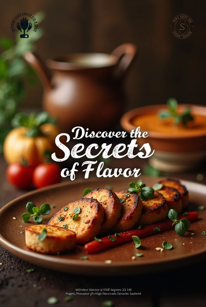 Design a Facebook cover image for a culinary page named 'Sabor Secreto.' The cover should feature a rich, warm color palette with images of gourmet dishes in the background, slightly blurred to keep the focus on the text. Include a subtle overlay of abstract cooking utensils or ingredients like spices, herbs, or a simmering pot. The text should read 'Discover the secrets of flavor' in an elegant, easy-to-read font, with the logo subtly incorporated in the corner. The overall vibe should be inviting and mysterious, hinting at exclusive culinary secrets