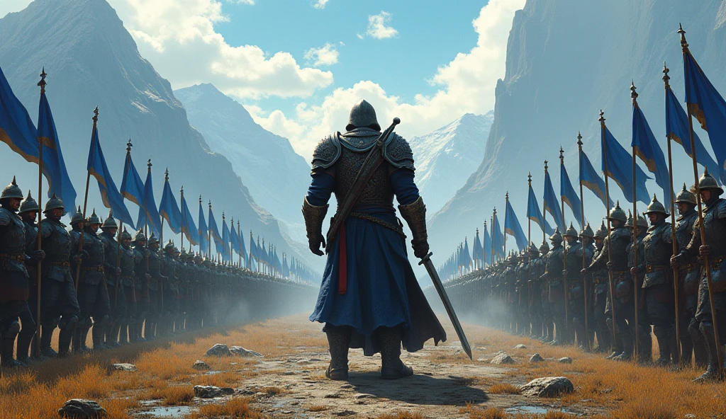 
"A lone warrior stands at the forefront, facing an army of soldiers in ancient armor, wielding a large sword. The warrior wears intricate, traditional armor, with a strong stance, facing away from the viewer. The background shows a vast battlefield surrounded by mountains, with countless soldiers holding blue flags and lined up in formation. The overall scene has an epic, medieval battlefield atmosphere with a sense of impending confrontation."

