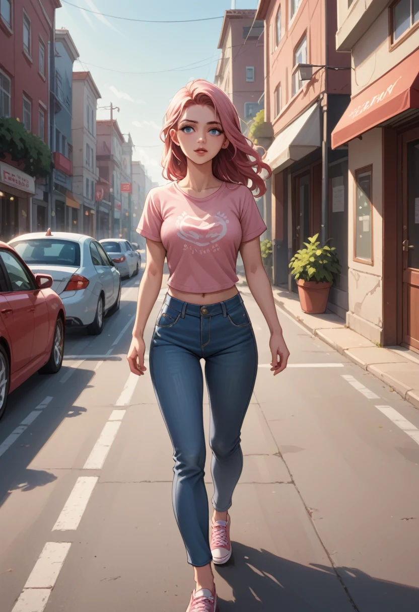 A vision flow of a beautiful woman walking down a fired street, her pink t-shirt and faded blue jeans short illuminated by the sun, a red car passing in the background, and a world of shimmering light.  