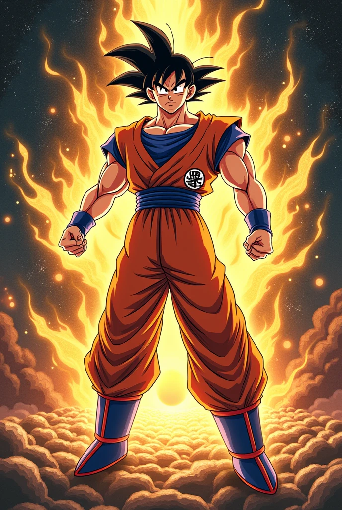 Give me a single frame divided into three different drawings of Goku where he is divined by a single dragon of the 7 spheres

