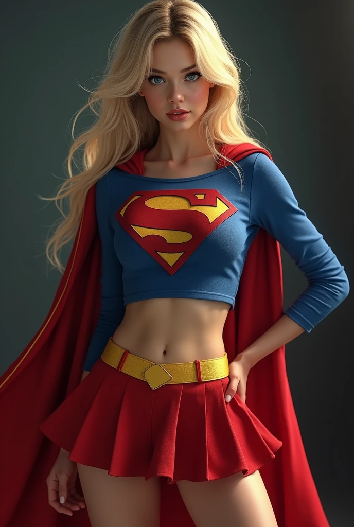 full view of A SEXY TEENAGE FEMALE WITH DARK BLUE EYES AND LONG MESSY GOLDEN BLONDE HAIR WEARING A CLASSIC BLUE SUPERMAN LONG SLEEVED CROP TOP COSTUME, A SHORT RED PLEATED SKIRT WITH A YELLOW BELT, RED HIGH HEELED BOOTS, AND RED SUPERMAN CAPE WITH YELLOW TRIM. large breasts, incredibly detailed skin and eyes, seductive poses, 8K resolution, masterpiece, ultra-detailed, realistic, photo-realistic, vivid colors, dramatic lighting,