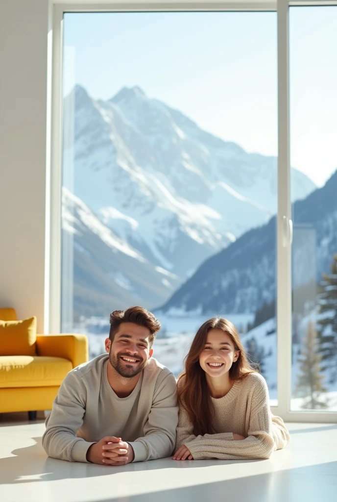 need a photo where there is a white elegant living room where in left side a plain white wall with a yellow couch on the floor with a young happy couple and from the right side window there should be an ice mountain which shows freshness and coolness