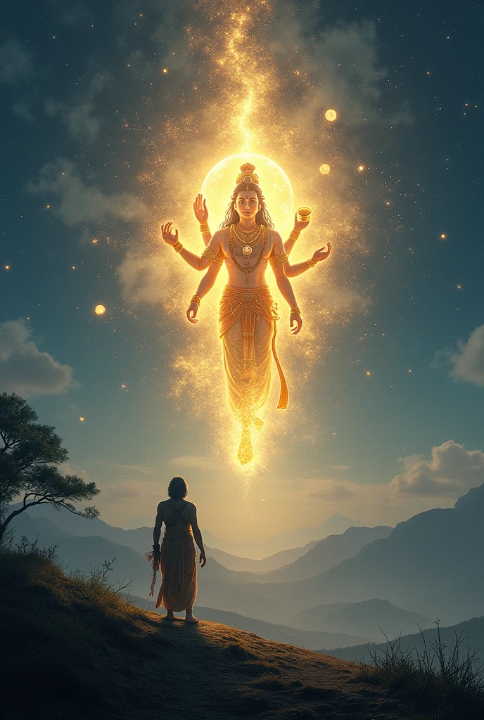 On a moonlit night, Kalki stands alone on a hilltop, gazing at the starry sky. Suddenly, Lord Vishnu appears before him in a radiant golden form, surrounded by a divine aura. Vishnu’s expression is serious, his four arms holding a conch, discus, mace, and lotus. As Kalki listens intently, scenes from the Mahabharata flash in the sky, showing Draupadi’s humiliation and Duryodhana’s downfall. Vishnu speaks of the consequences of disrespecting women and leaves Kalki with a question about the worthiness of those who commit such crimes.
