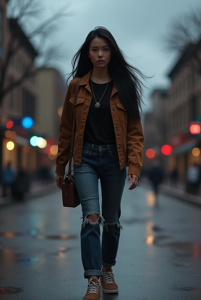 (photorealism:1.2), real pic
34 year old asian woman with long black hair, wearing a black t-shirt,short brown suede jacket, torn dark blue denim pants, brown sneakers, walking
urban washington dc background, dark cloudy clouds, romantic atmosphere