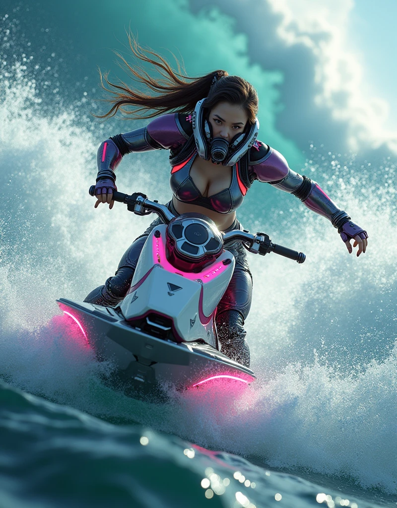 photo-realistic, ultra-realistic, very beautiful Japanese, famous Japanese idol, 20 years old, dramatic scene, masterpiece, beautiful eyes, (extremely intricated with extremely complex cyber punk mecha armored full-face gas mask:1.5), (wearing cyber punk mecha-suits with neon marker:1.5), (she is acrobatic jet skiing on the sea:1.5), big jump over the huge waves, amazing view of huge waves, acrobatic pose, dynamic angle, spectacular, Nimble movements, Sharp turns, (very large breasts),
