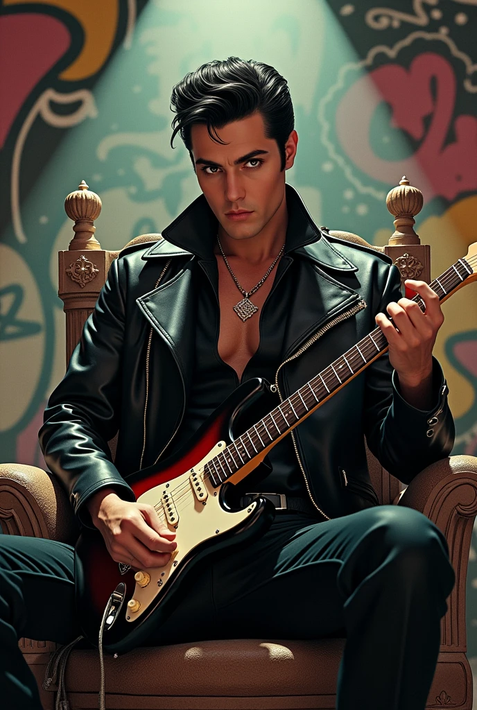 Elvis wearing black leather clothing with a red electric guitar sitting on stone throne in front of a rock and roll graffiti backdrop, by Mark Brooks, cgsociety, retro style art, beautiful retro art, rockabilly, anime elvis presley, retro art style, 1950s illustration style, 3D effect ultra-detailed intricate insanely full HD, golden ratio, volumetric modeling, spotlight embroidery, accents, intense gaze, digital painting cinematic film light, expressive eyes, ultra-realistic