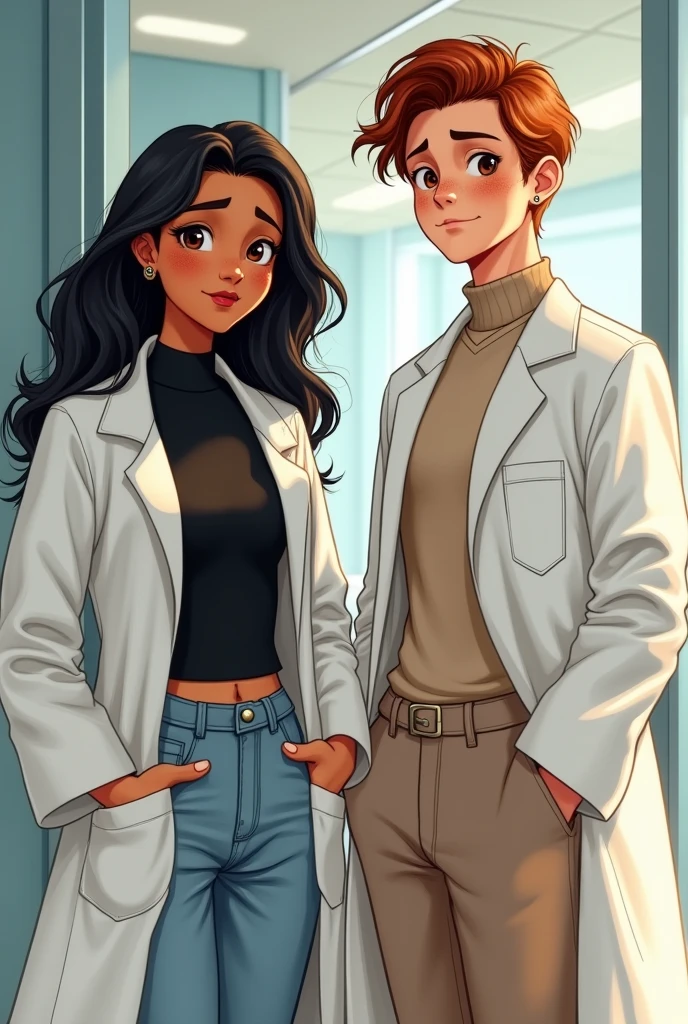 Two young Brazilian psychologist friends, one with wavy black hair, displaying a natural, well-groomed glow. Her brown eyes reflect a happy and innocent look, highlighting your loving expression, your brown skin, Dressed in a high black blouse and light jeans, combined with a psychology lab coat conveying a professional image, The hospital office environment is bright and professional, The psychologist has an insecure but excited expression and the other has shoulder-length wavy red hair, displaying a natural, well-groomed glow. His brown eyes reflect a serious and confident look., highlighting your professional expression, your pale skin with some freckles, Dressed in a neutral-toned turtleneck blouse and beige tailored pants, combined with a psychology lab coat conveying a professional image e elegante, The hospital office environment is bright and professional, The psychologist shows a serious and confident expression, conveying authority and professionalism, Your upright and confident posture reflects your role as a professional in the hospital environment., balancing elegance and seriousness with competence, with his hands inside his pants pockets.