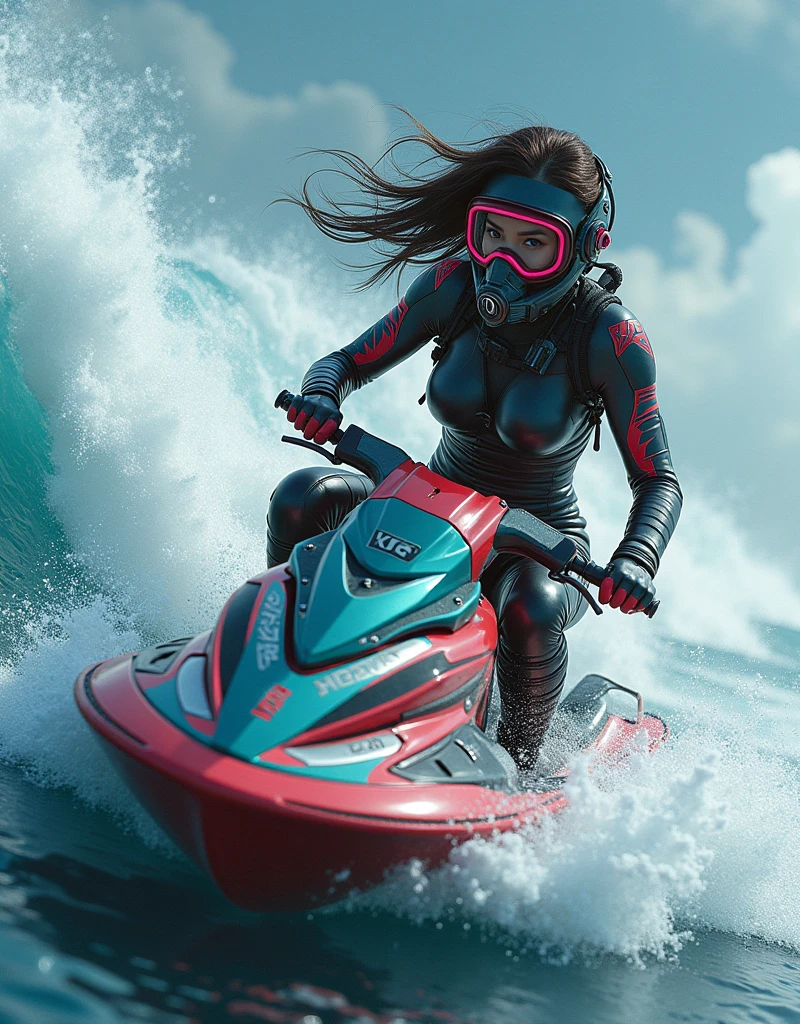 photo-realistic, ultra-realistic, very beautiful Japanese, famous Japanese idol, 20 years old, dramatic scene, masterpiece, beautiful eyes, (extremely intricated with extremely complex cyber punk mecha armored full-face gas mask:1.5), (wearing cyber punk mecha-suits with neon marker:1.5), (she is acrobatic jet skiing on the sea:1.5), big jump over the huge waves, amazing view of huge waves, acrobatic pose, dynamic angle, spectacular, Nimble movements, Sharp turns, (very large breasts),