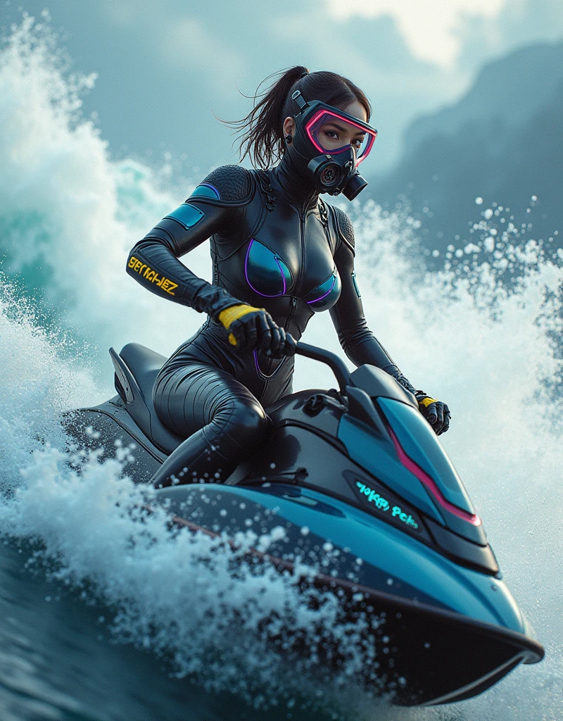 photo-realistic, ultra-realistic, very beautiful Japanese, famous Japanese idol, 20 years old, dramatic scene, masterpiece, beautiful eyes, (extremely intricated with extremely complex cyber punk mecha armored full-face gas mask:1.5), (wearing cyber punk mecha-suits with neon marker:1.5), (she is acrobatic jet skiing on the sea:1.5), big jump over the huge waves, amazing view of huge waves, acrobatic pose, dynamic angle, spectacular, Nimble movements, Sharp turns, (very large ),